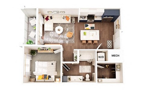 Floor plan for 1 bed, 1 bath, 693 sqft